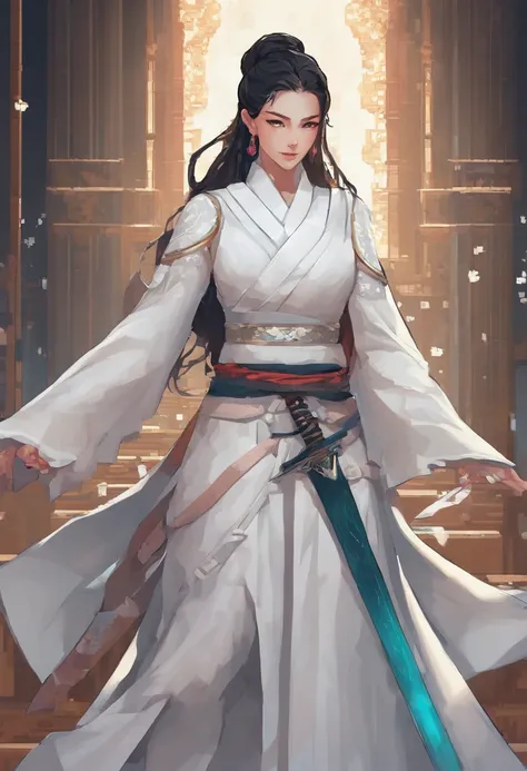 a close up of a woman in a white dress with a sword, a character portrait by Yang J, trending on CGSociety, Fantasy art, Beautiful character painting, Guviz-style artwork, Guviz, White Hanfu, flowing white robe, full-body wuxia, epic exquisite  character a...