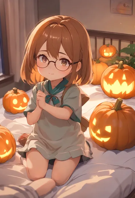 Glasses、Carrying pumpkins in groups on the bed、hight resolution、4K、8K images、Hold your head and worry，regrettable，Pop Mart Blind Box IP、１００Close up portrait of cute knight doll of a person、Young One Angel Style、Wear longer, Dress fluently、Lop style、Poselin...