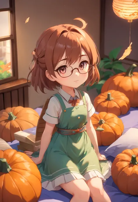 Glasses、Carrying pumpkins in groups on the bed、hight resolution、4K、8K images、Hold your head and worry，regrettable，Pop Mart Blind Box IP、１００Close up portrait of cute knight doll of a person、Young One Angel Style、Wear longer, Dress fluently、Lop style、Poselin...