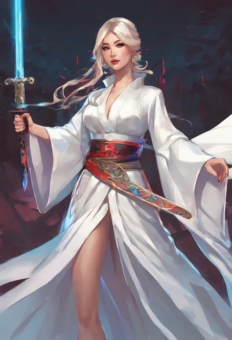 a close up of a woman in a white dress with a sword, a character portrait by Yang J, trending on CGSociety, Fantasy art, Beautiful character painting, Guviz-style artwork, Guviz, White Hanfu, flowing white robe, full-body wuxia, epic exquisite  character a...