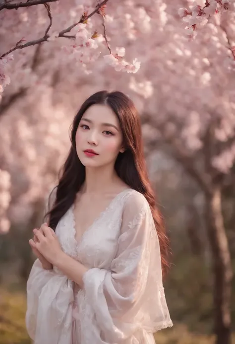 Masterpiece, Best quality, Night, Mountain, full moon, Long black hair, woman, Firefly, stars, Mysterious cherry blossom trees, Pink leaves, High quality, Beautiful graphics, High detail