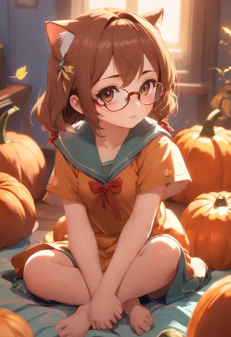 Glasses、cat ear、Carrying pumpkins in groups on the bed、hight resolution、4K、8K images、Hold your head and worry，regrettable，Pop Mart Blind Box IP、１００Close up portrait of cute knight doll of a person、Young One Angel Style、Wear longer, Dress fluently、Lop style...