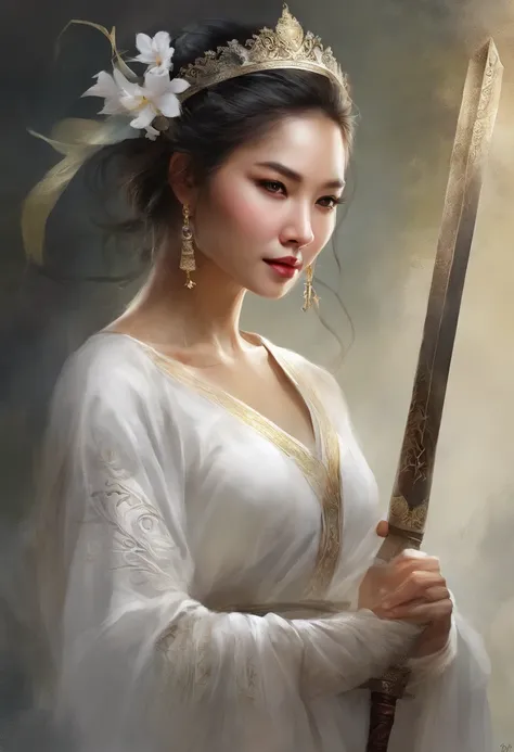 a close up of a woman in a white dress with a sword, a character portrait by Yang J, trending on CGSociety, Fantasy art, Beautiful character painting, Guviz-style artwork, Guviz, White Hanfu, Flowing white robe, full-body wuxia, epic exquisite  character a...