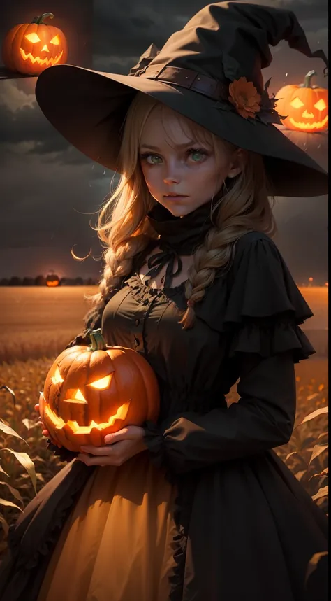 a scarecrow with a jack olantern head, night, fall weather, dark, creepy, cornfield, field on fire, rain, demonic, glowing green eyes, beautiful witch woman, wearing a which big