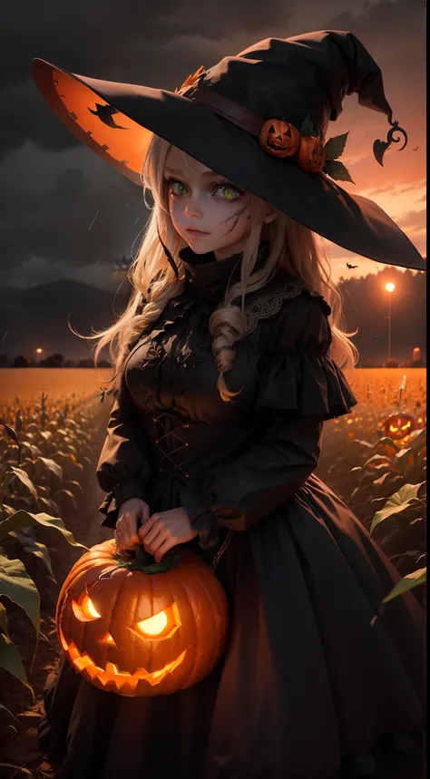 a scarecrow with a jack olantern head, night, fall weather, dark, creepy, cornfield, field on fire, rain, demonic, glowing green eyes, beautiful witch woman, wearing a which big