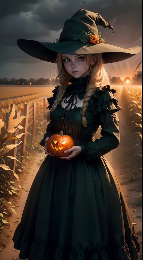 a scarecrow with a jack olantern head, night, fall weather, dark, creepy, cornfield, field on fire, rain, demonic, glowing green eyes, beautiful witch woman, wearing a which big