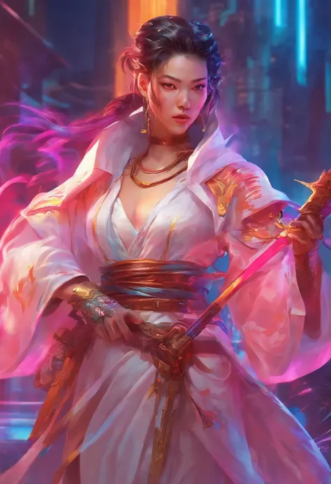 a close up of a woman in a white dress with a sword, a character portrait by Yang J, trending on CGSociety, Fantasy art, Beautiful character painting, Guviz-style artwork, Guviz, White Hanfu, Flowing white robe, full-body wuxia, epic exquisite  character a...