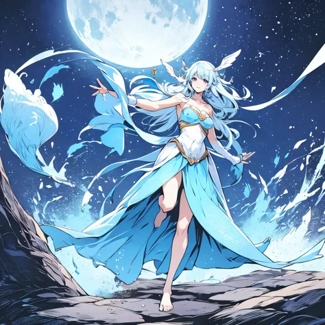 alone on a snow-white background、half-naked goddess、light blue costume