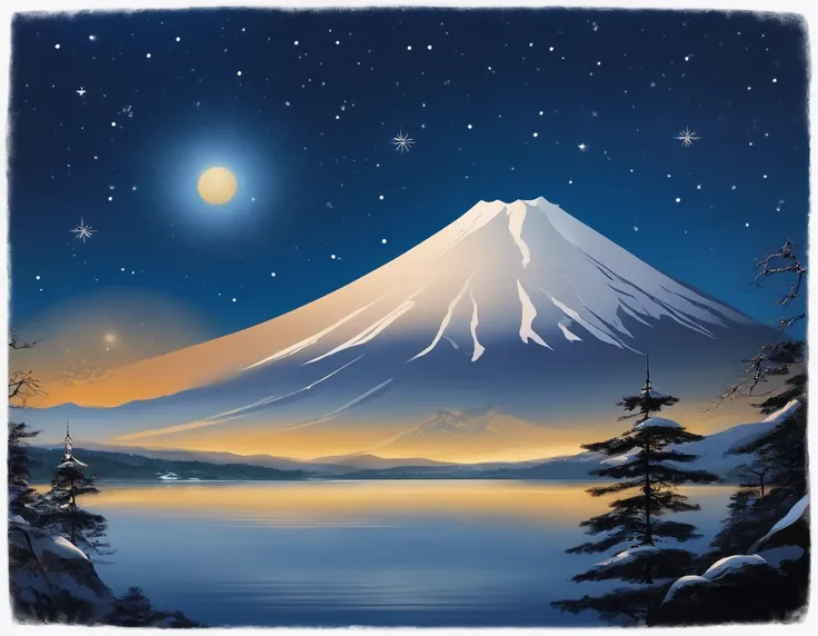 Snow-capped Mt. Fuji，under the starry night sky，spectacular，Panorama Figures