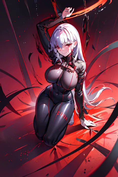 Black full body suit　Red lines all over the body　huge tit　Big ass　Whip thighs　seductiv　a smile　Bare legged　succubus　Support your chest with your arms