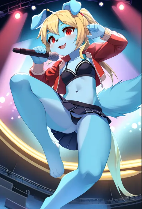 Furry girl, young, dog, cute hair, long ponytail, two tone hair, blonde hair, blue side hair, stars hairpin, red eyes, small breasts, detailed body fur, small idol jacket, open clothes, idol bra, idol skirt, masterpiece, looking at you, two tone body fur, ...