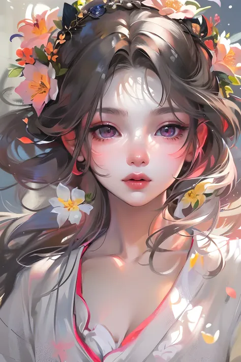 anime girl with a flower in her hair and a white dress, artwork in the style of guweiz, guweiz, beautiful anime portrait, detail...