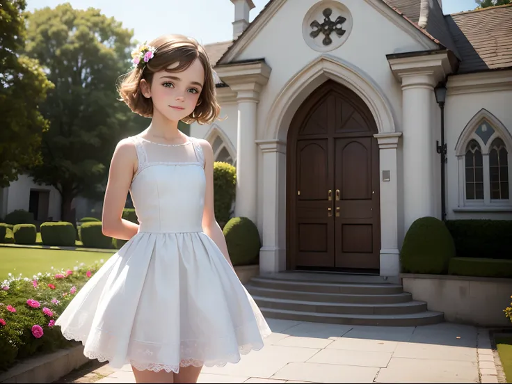 tween Emma Watson wearing cute short flower girl dress, small bust, small chest, cute smile, outside church, wedding guests in background