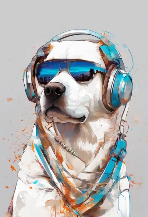 Centrado perfecto, Cute baby Labrador white, Use una chaqueta del equipo estudiantil,subido en harley davidson, usar gafas de sol, Usar auriculares, cheerfulness, standing up position, Belleza abstracta, centrado, Looking at the camera, in front of camera,...