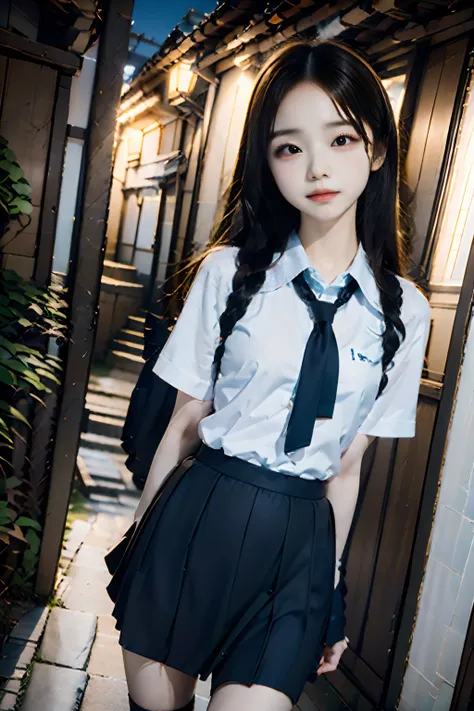 Elementary school students in cute graduation uniforms and miniskirts,japanes,extremely detailed eye and face, Sharp pupils,A 12-year-old girl、Man in his 40s standing between a narrow house and a house without lights on a dark night、12-year-old elementary ...