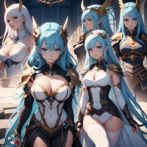 Masterpiece, Highest quality, Detailed face, CharacterDesignSheet，perfectly proportions，full bodyesbian，Full of details, Multiple poses and expressions, Highly detailed, Beautiful paladin girl，Valkyrie，Valkyrie，blue hairs，Dragons horn，ablaze with intensity...