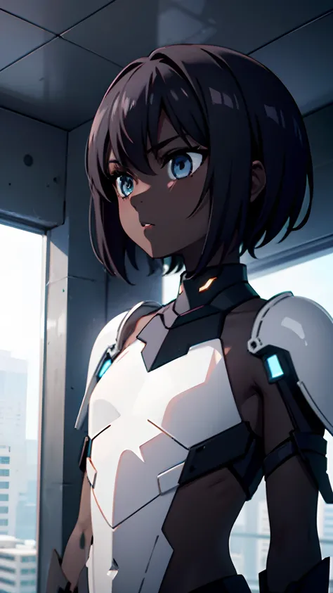 1 girl, black skin tone, petite, small chest, futuristic armor