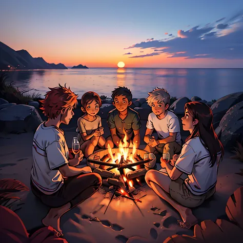 a group of friends surround a campfire by the sea，have a good conversation in the sunset