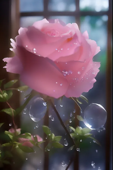 There is a pink rose，There are water droplets on it, melanchonic rose soft light, roses in cinematic light, realistic pictures, photorealistic detailed picture, alexey egorov, photo realistic style, After the rain, low details. Digital painting, Ultra deta...