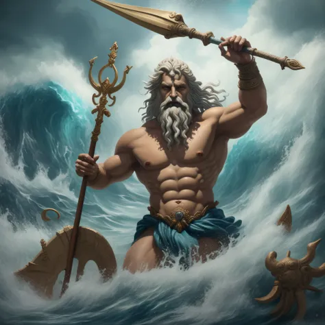 a painting of a man with a spear and a large body of water, O Deus Poseidon, Poseidon, O Deus do Mar, Mito grego pintura digital, segurando seu tridente, Deus do Oceano, Furioso Deus Zeus, O Deus Zeus, deus grego, Como um atlante, Personagens da mitologia ...