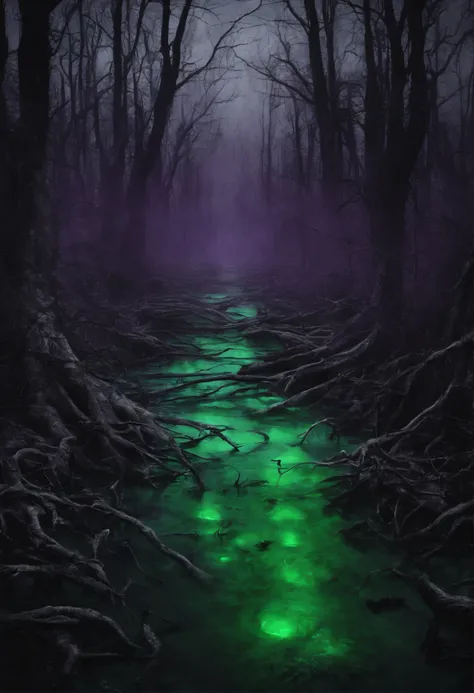 Hells Swamp, waters contaminated with purple slimes and several trees glowing green and purple all over the swamp.