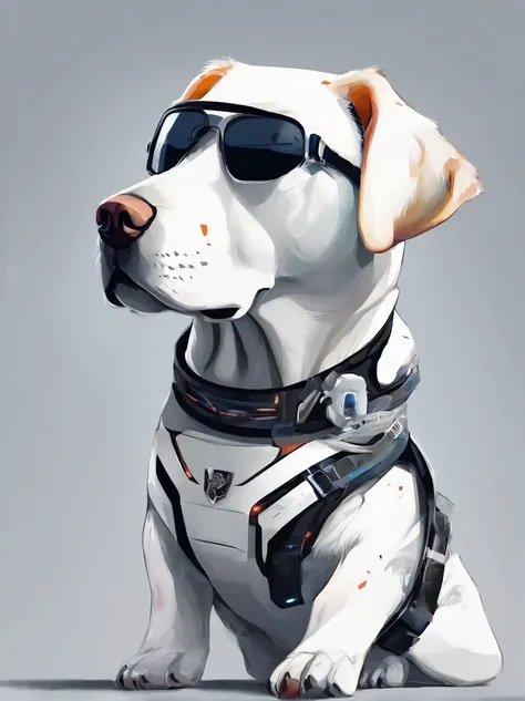 Centrado perfecto, Cute baby Labrador white, Use una chaqueta del equipo estudiantil,subido en harley davidson, usar gafas de sol, Usar auriculares, cheerfulness, standing up position, Belleza abstracta, centrado, Looking at the camera, in front of camera,...