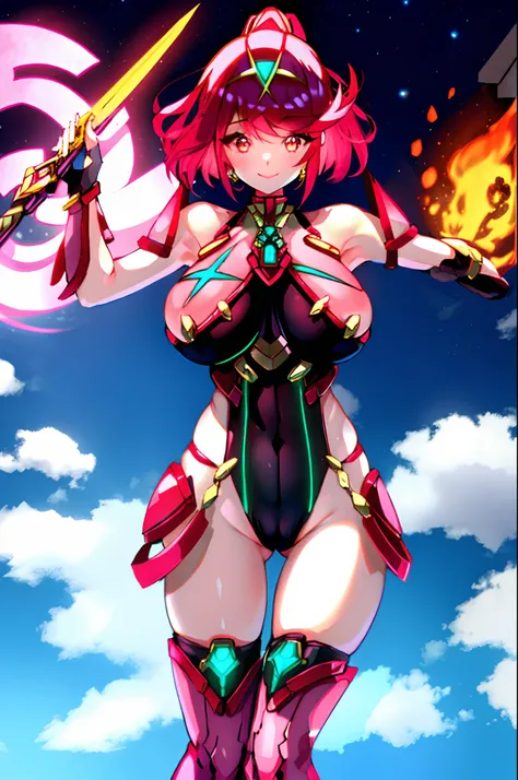 pyra (xenoblade), teen_1girl, loli, bangs, black gloves, breasts, red eyes, shout, earrings, eyelashes, fingerless gloves, floating hair, , gem, gloves, hair ornament, headpiece, jewelry, big_breasts, leaning back, swimsuit, neon trim, official art, pose, ...