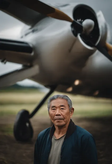 An average photo of a Japanese man with a plane in the background, looking-into-camera, Realistic details, foto tirada com uma Nikon D850, perfeitamente iluminado, uma profundidade de campo rasa