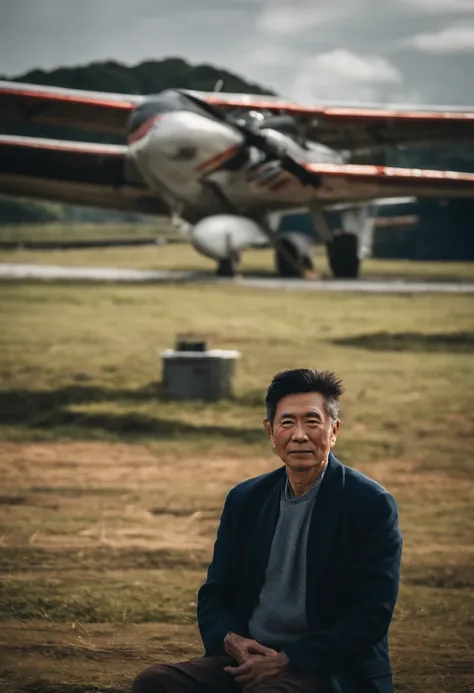 An average photo of a Japanese man with a plane in the background, looking-into-camera, Realistic details, foto tirada com uma Nikon D850, perfeitamente iluminado, uma profundidade de campo rasa