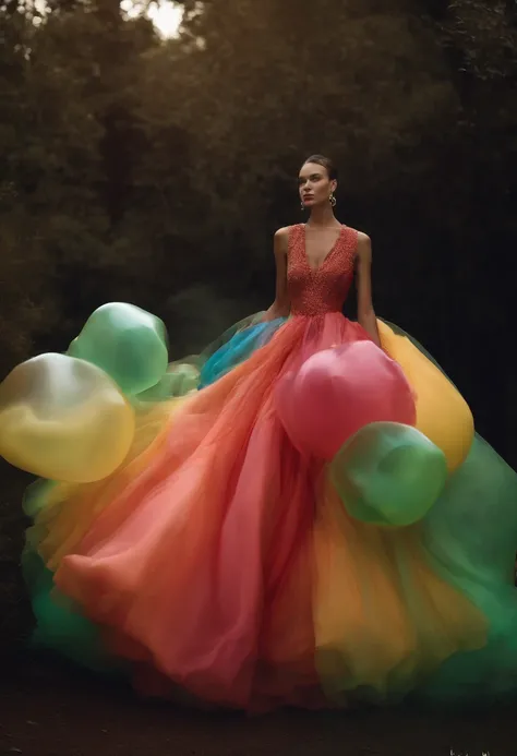 Stunning woman in oversized bubble Balenciaga dress, black bubble color, model