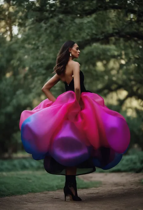 Stunning woman in oversized bubble Balenciaga dress, black bubble color, model