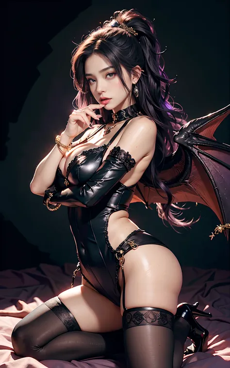 （Dark night，Bedrooms：1. Mature female purple-black hair,A pair of dragon horns，A pair of huge dragon wings，Flirtatious，Kneeling pose）， tmasterpiece， best qualtiy， RAW photogr， realisticlying， Incredibly Ridiculous res，， ear studs， (Long flowing purple hair...