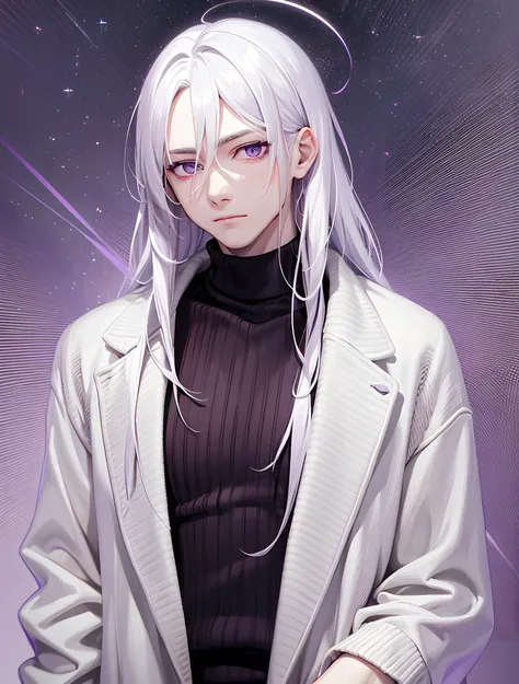 young man, pale - skinned, long straight white hair, purple eyes, sweater