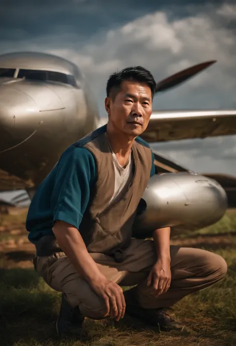 An average photo of a Chinese man with a plane in the background, looking-into-camera, Realistic details, foto tirada com uma Nikon D850, perfeitamente iluminado, uma profundidade de campo rasa