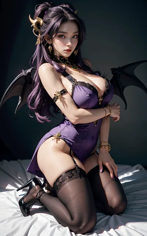 （Dark night，Bedrooms：1. Mature female purple-black hair,A pair of dragon horns，A pair of huge dragon wings，Flirtatious，Kneeling pose）， tmasterpiece， best qualtiy， RAW photogr， realisticlying， Incredibly Ridiculous res，， ear studs， (Long flowing purple hair...