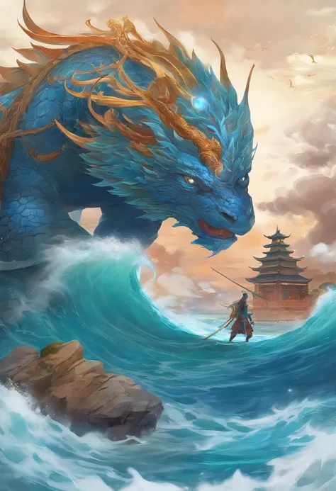 China-style，Chinese mythology，Dragon turtle，faucet，Angular，Turtle body，Giant tortoiseshell shell，（Heavy tortoiseshell shell：1.4），The tail of the snake grows out，has horns on its head，tosen，Ferocious，gargantuan，The eyes glow blue light，the sea，Huge waves，su...