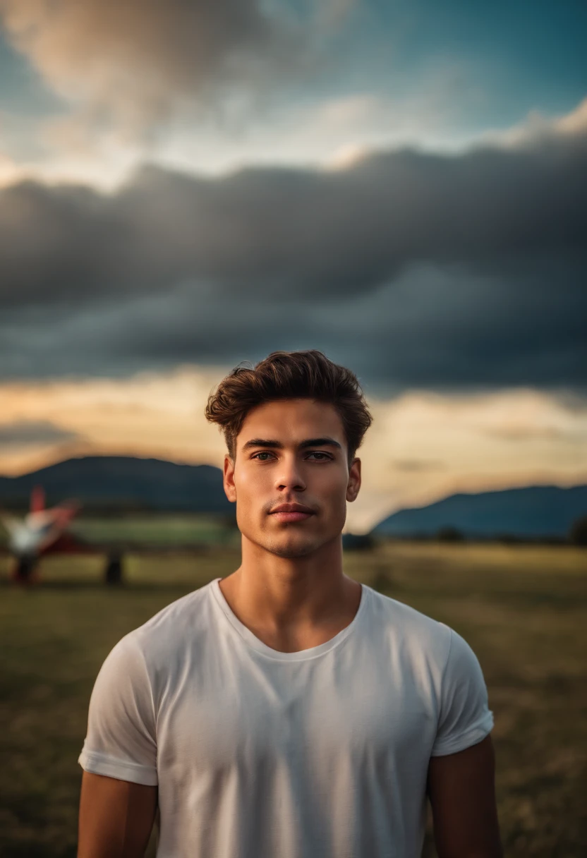 An average photo of a young man with a plane in the background, looking-into-camera, Realistic details, foto tirada com uma Nikon D850, perfeitamente iluminado, uma profundidade de campo rasa