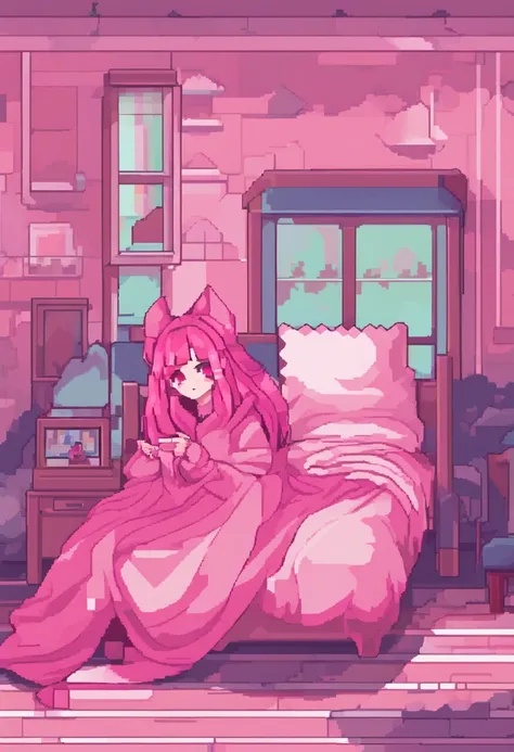 woman, pink hair, in her bed.