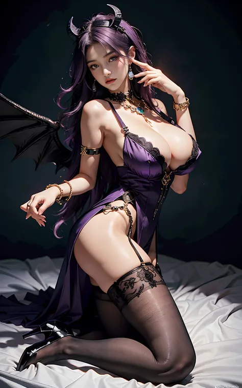 （Dark night，Bedrooms：1. Mature female purple-black hair,A pair of dragon horns，A pair of huge dragon wings，Flirtatious，Kneeling pose）， tmasterpiece， best qualtiy， RAW photogr， realisticlying， Incredibly Ridiculous res，， ear studs， (Long flowing purple hair...