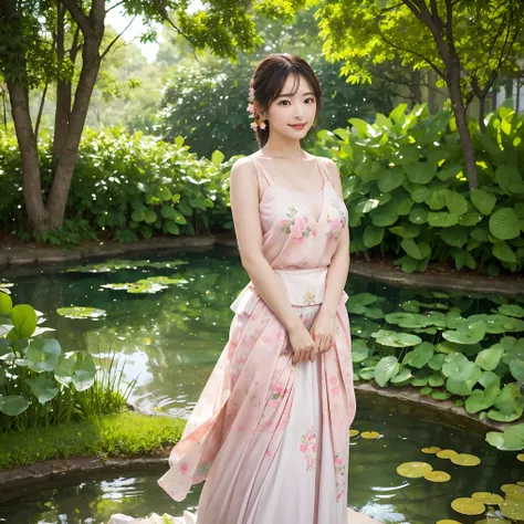 In the heart of a tranquil park, a beautiful girl graces the scenery with her vibrant presence. She is adorned in a kaleidoscope of colors, her attire a testament to the harmony of nature and artistry. A flowing skirt, painted in shades of soft lavender an...