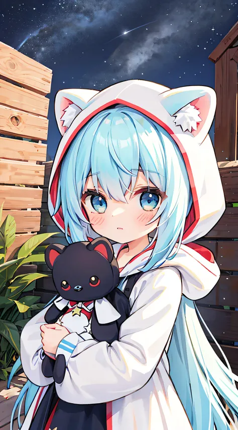 girl，is shy，adolable，animal ears Hood，starrysky，Holding the doll