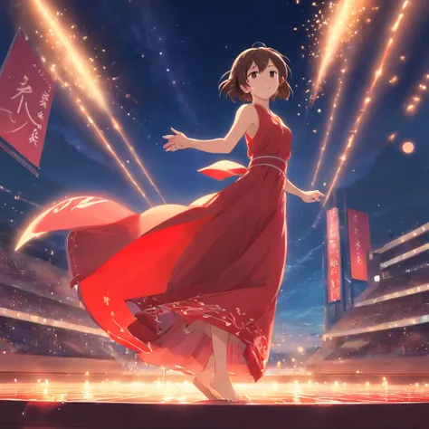 "tmasterpiece, Better quality, Still film, 1 girl in a red flowing dress on stage at night, foreground, brightly, cheerfulness, Soft warm lighting, the sunset, spark of light: 0,7"