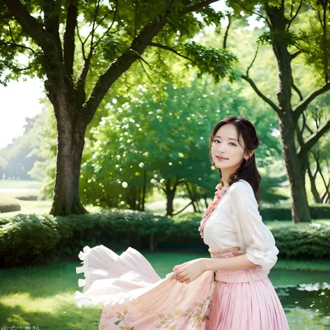 In the heart of a tranquil park, a beautiful girl graces the scenery with her vibrant presence. She is adorned in a kaleidoscope of colors, her attire a testament to the harmony of nature and artistry. A flowing skirt, painted in shades of soft lavender an...