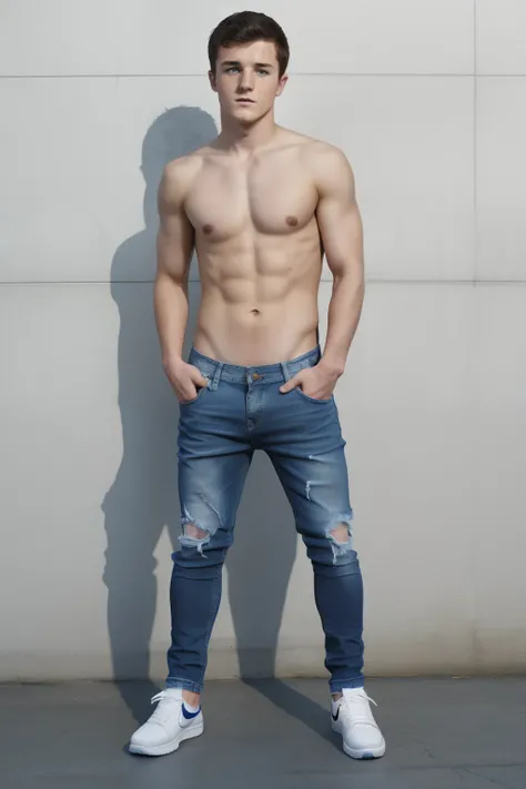 Young male, Josh Hutcherson, teenage, caucassian masculine square face, best quality, full body view, jeans, nike sneakers, nude, posing, moaning