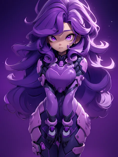 girl, long curly purple hair, purple eyes, purple mech suit, space background