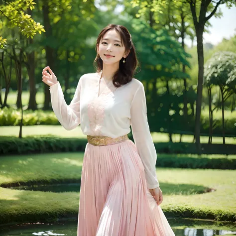 In the heart of a tranquil park, a beautiful girl graces the scenery with her vibrant presence. She is adorned in a kaleidoscope of colors, her attire a testament to the harmony of nature and artistry. A flowing skirt, painted in shades of soft lavender an...