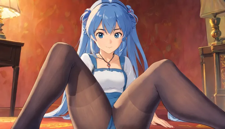 woman, 29 yo, sexual expression invite,sexual face,pantyhose Detailed((tights with detailed textures)),feet to the viewer,feet in front of the spectator,blue hair,long twintail hair,blue eyes,