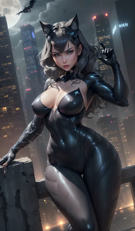 (​masterpiece、4K resolution、A hyper-realistic、ighly detailed)、(Black Superheroes theme、Charisma、There is a girl in a Catwoman costume above the town、Shes a superhero)、 [((25-years old)、(Long grey hair:1.2)、full body Esbian、(blue eyess:1.2)、((Catwoman Pose)...