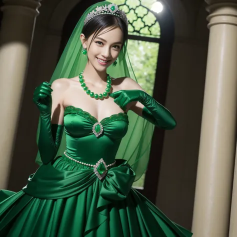 emerald tiara, Green Pearl Necklace, Boyish very short green hair, lipsticks, Japan woman smiling, very short short hair, big breasts beautiful, Green eyes, Long green gloves made of satin material, Green eyes, Emerald Earrings