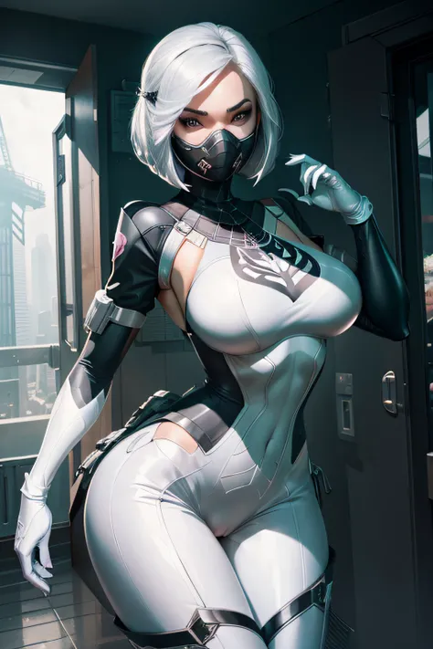 white spiderweb spidergwen based dress , white gasmask , sexy pose , masterpiece , white bra , white pants , white leggings